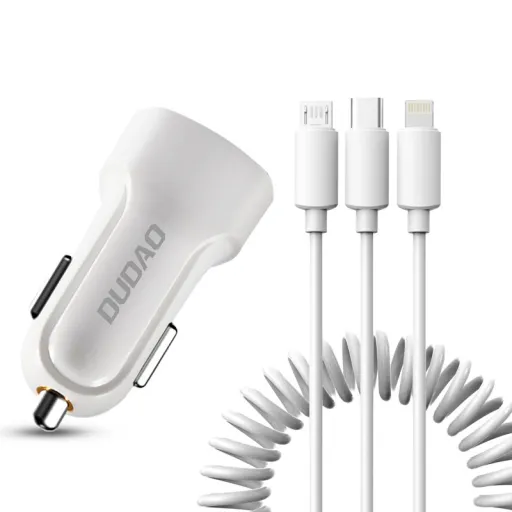 Dudao szivargyújtós töltő 2xUSB 2.4A és 3in1 lightning/ Type-C/ micro USB kábel fehér