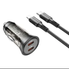 Borofone Autós töltő BZ26B Discovery - 2xType C - PD 45W 3A Type C - Lightning kábellel átlátszó-fekete