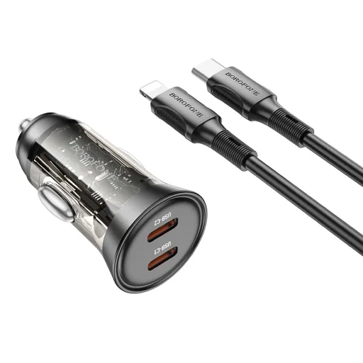 Borofone Autós töltő BZ26B Discovery - 2xType C - PD 45W 3A Type C - Lightning kábellel átlátszó-fekete