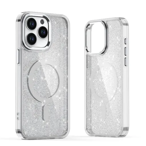 Glitter tok MagSafe iPhone 16 Pro - fehér csillámmal