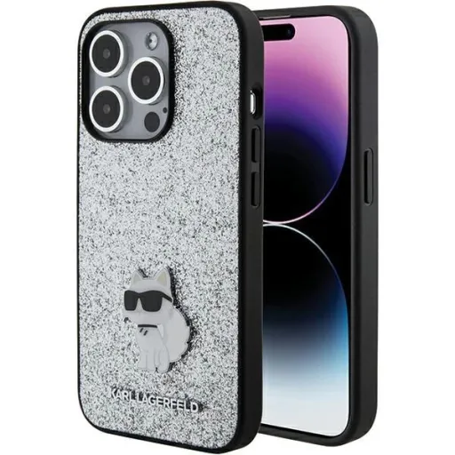 Karl Lagerfeld Glitter Choupette Logo Metal Pin tok iPhone 15 Pro - Ezüst