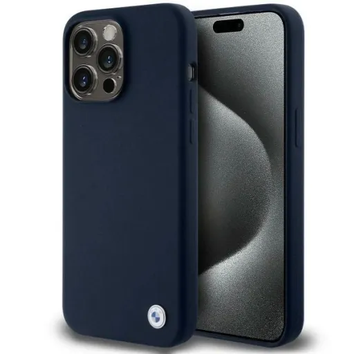 BMW Szilikon Fém Logó tok iPhone 15 Pro Max - sötétkék