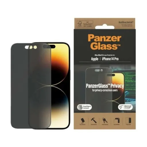 PanzerGlass Ultra-Wide Fit Antibakteriális Privacy Üvegfólia Pozicionálóval iPhone 14 Pro-hoz