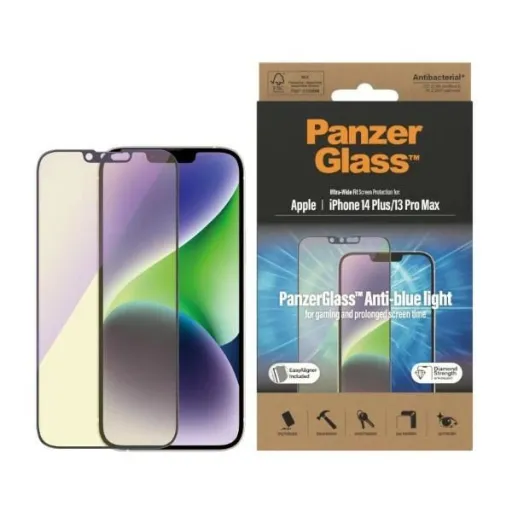 PanzerGlass Ultra-Wide Fit Antibakteriális Edzett Üveg Kék Fény Szűrővel és Pozicionálóval iPhone 14 Plus / 13 Pro Max üvegfólia