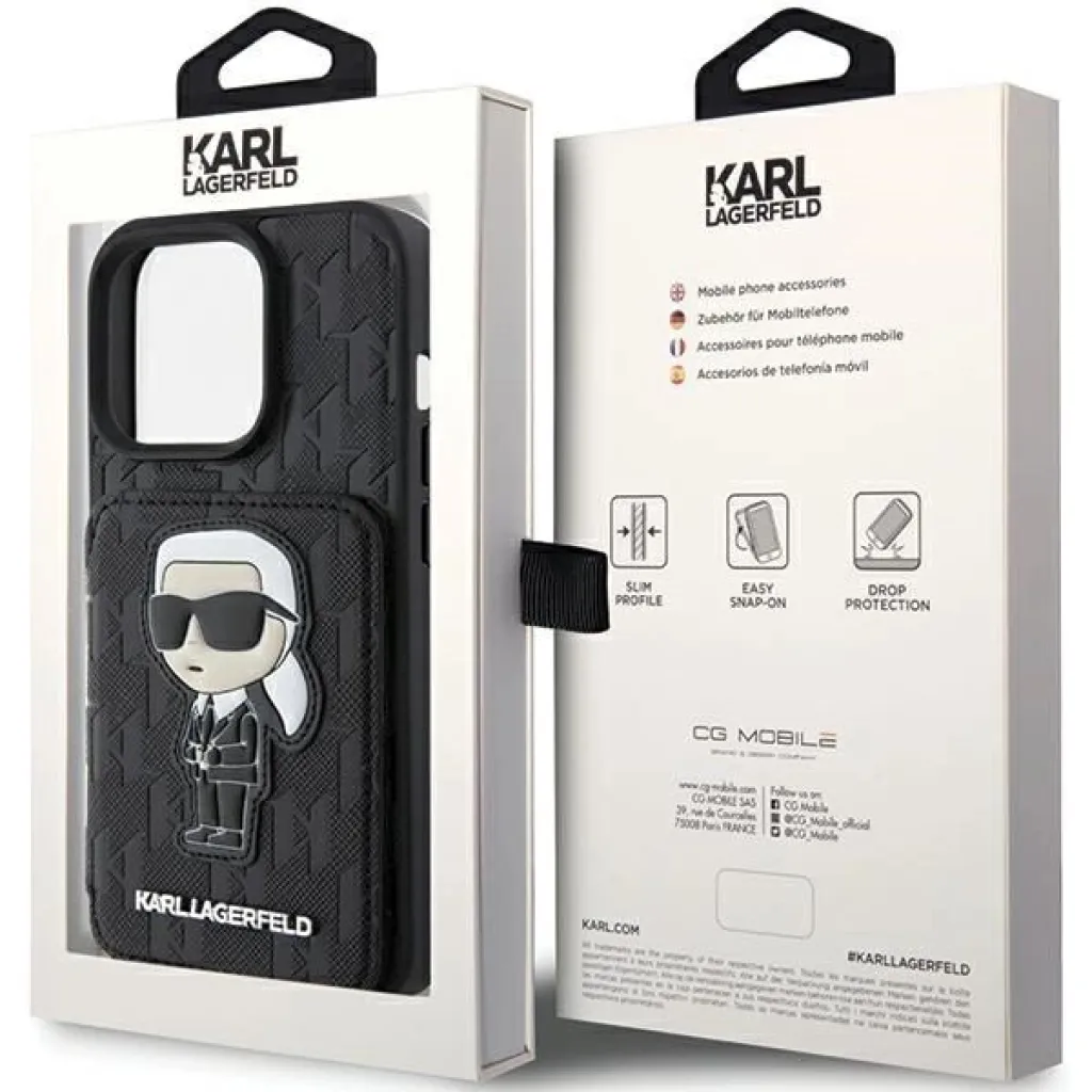  iPhone 15 Pro Karl Lagerfeld Saffiano Cardslots and Stand Monogram Ikonik Patch tok - fekete - 9