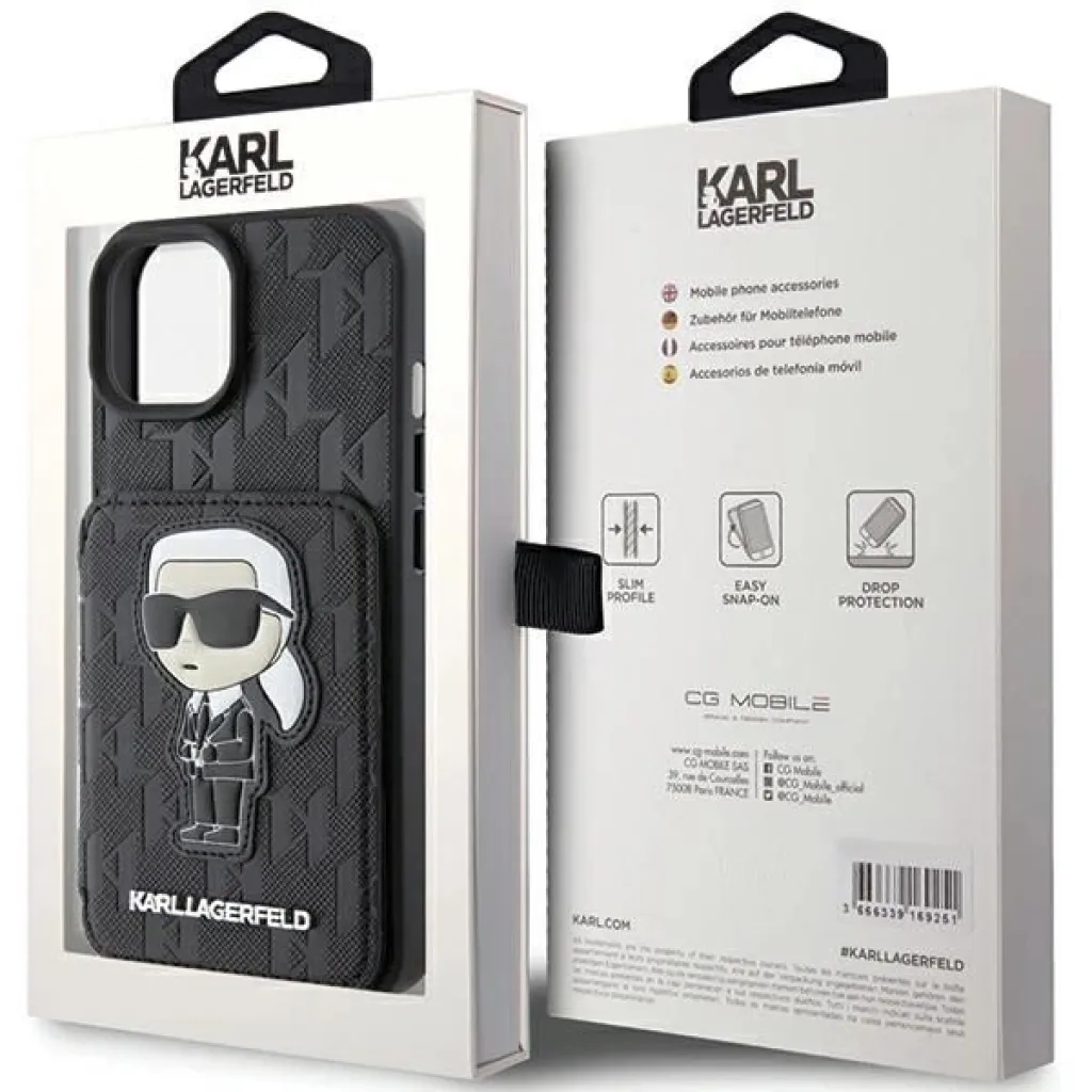  iPhone 15 Fekete Karl Lagerfeld Saffiano Cardslots és Állvány Monogram Ikonik Patch tok - 9