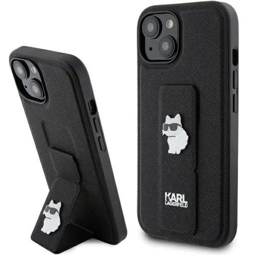 Karl Lagerfeld Gripstand Saffiano Choupette Pins tok iPhone 15 Plus / 14 Plus - Fekete