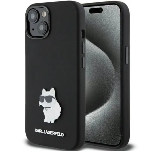 Karl Lagerfeld Silicone Choupette Metal Pin tok iPhone 15 Plus / 14 Plus - fekete