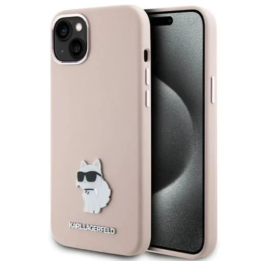 Karl Lagerfeld Szilikon Choupette Metal Pin tok iPhone 15 Plus / 14 Plus - Rózsaszín