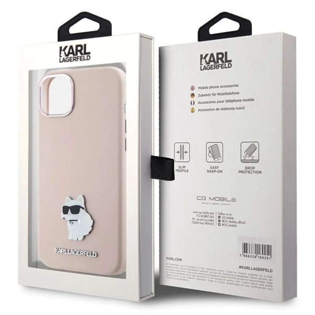  iPhone 15 Plus / 14 Plus Rózsaszín Karl Lagerfeld Szilikon Choupette Metal Pin tok - 8