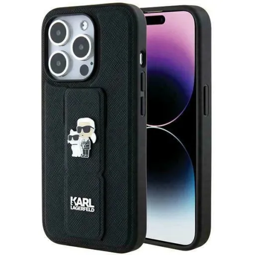 Karl Lagerfeld Gripstand Saffiano Karl&Choupette Pins tok iPhone 13 Pro Max - fekete