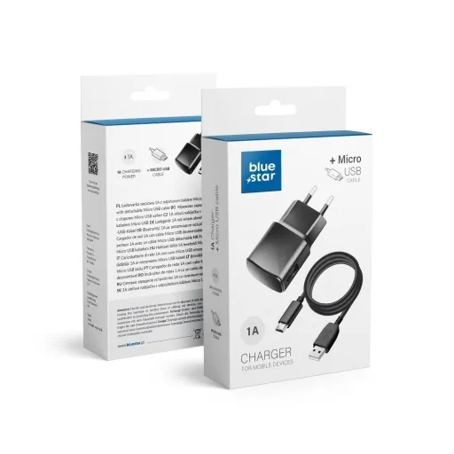 BLUE STAR utazó töltő 1A 5W USB A + kábel USB A - Micro USB TFK-TC-1100B fekete