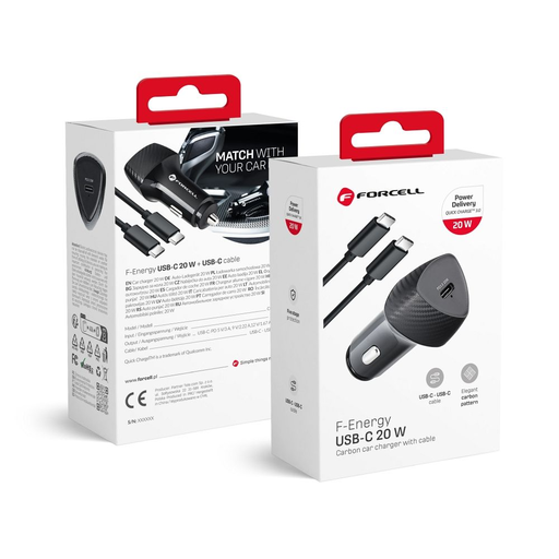 FORCELL F-ENERGY Carbon CC50-1C autós töltő Type C + Type C to Type C PD 3A 20W fekete