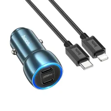 HOCO autós töltő 2x Type C + kábel Type C to Lightning PD QC3.0 3A 40W Z48 zafírkék