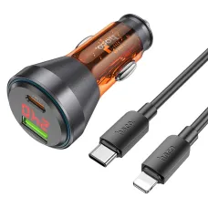 HOCO autós töltő USB A + Type C digitális kijelzővel + Type C - Lightning kábel PD QC3.0 3A 48W NZ12B átlátszó narancs