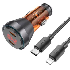 HOCO autós töltő 2 x Type C digitális kijelzővel + Type C to Lightning kábel PD QC3.0 3A 60W átlátszó narancs
