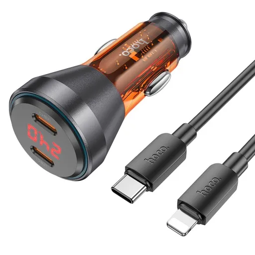 HOCO autós töltő 2 x Type C digitális kijelzővel + Type C to Lightning kábel PD QC3.0 3A 60W átlátszó narancs