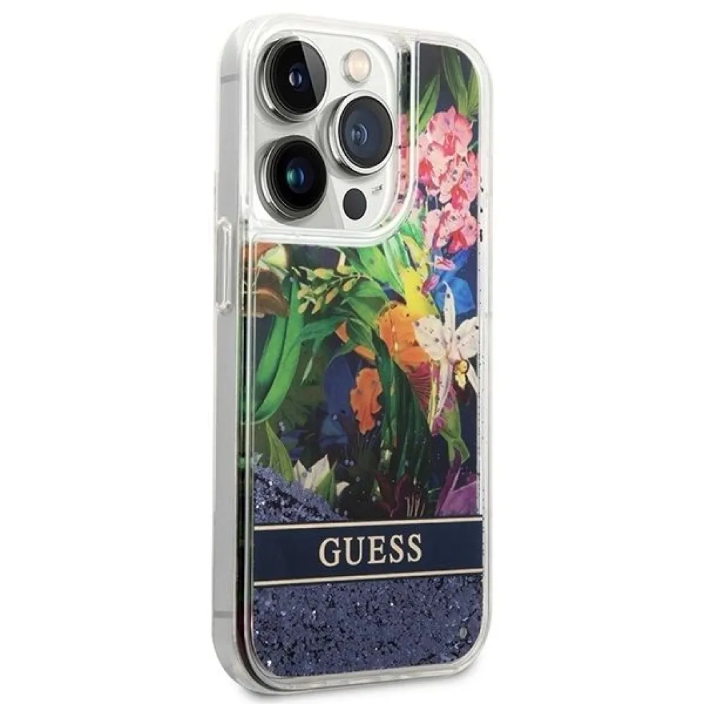 Guess Flower Liquid Glitter tok iPhone 14 Pro Max - kék - 4