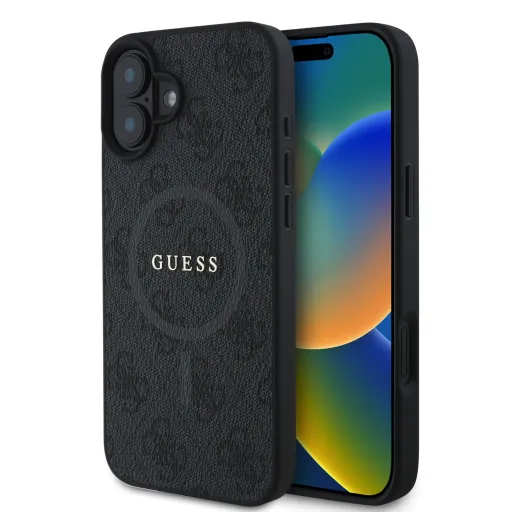 Guess PU Bőr 4G Színes Gyűrű MagSafe tok iPhone 16 Fekete