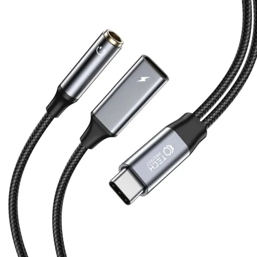 Tech-Protect UltraBoost USB-C (male) PD 60W 6A / mini jack 3.5mm (female) - USB-C (female) átalakító kábel - fekete