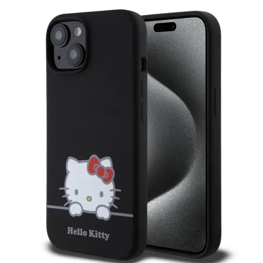 Hello Kitty Folyékony Szilikon Daydreaming Logo Tok iPhone 15 Fekete