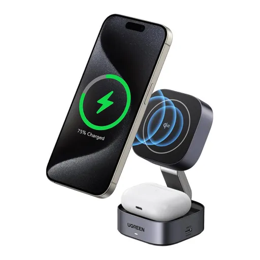 2 az 1-ben induktív Qi töltőállomás Ugreen W702 iPhone-hoz és AirPods-hoz, 15W (szürke)