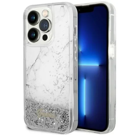 GUESS tok IPHONE 14 Pro GUHCP14LLCSGSGH (Liquid Glitter Marble) fehér