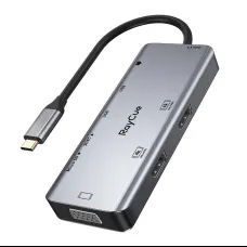 Hub 9 az 1-ben RayCue USB-C to 2x USB-A 3.0 5Gbps + 2x SD/TF 3.0 + 2x HDMI 4K30Hz + VGA 1080p + Jack 3.5mm + PD 3.0 100W (szürke)