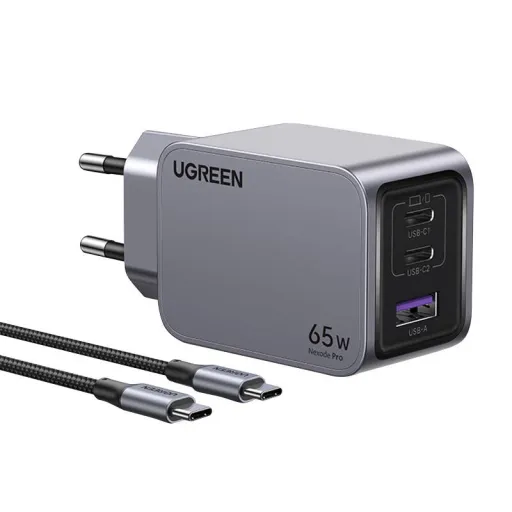 Ugreen Nexode Pro hálózati töltő, USB + 2x USB-C, 65W + USB-C kábel 1.5m (fekete)