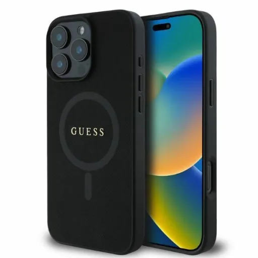 Eredeti GUESS keménytok Saffiano Klasszikus Logó MagSafe GUHMP16LPSAHMCK tok iPhone 16 Pro fekete